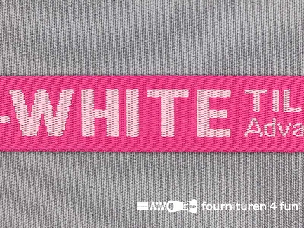 Bedrukt keperband 25mm fuchsia roze - wit