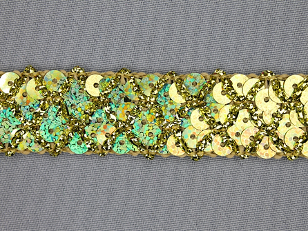 Pailletten band 20mm hologram goud met ruitjes draad
