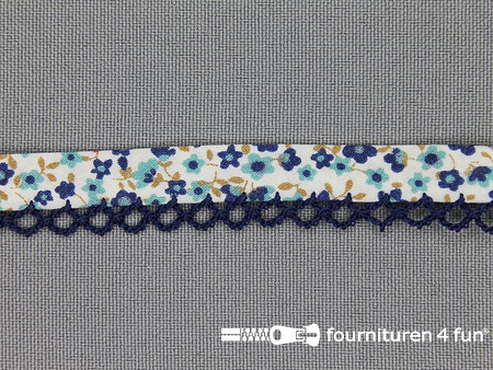 Deco biasband print 12mm bloemen marine blauw
