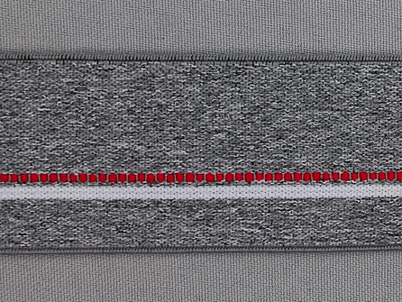 Elastiek gestreept 40mm midden grijs - rood - wit