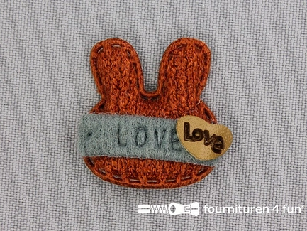 Decoratieve 3D applicatie - 30x30mm konijntje - "Love" - brique - grijs