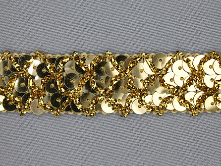COUPON 4,55 meter (2 stukken, 2,7 + 1,85 meter) Pailletten band 20mm goud met ruitjes draad