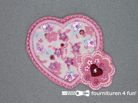 Brocante applicatie 55x40mm hartje - bloem barbie roze