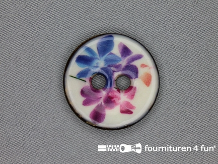 Kokos knoop 34mm bloemen blauw - roze