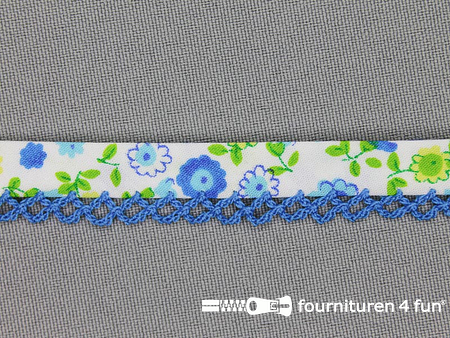 Deco biasband print 12mm bloemen helder blauw