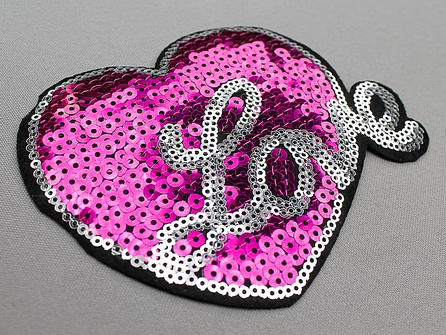 Pailletten applicatie hart "Love" 125x95mm fuchsia roze - zilver