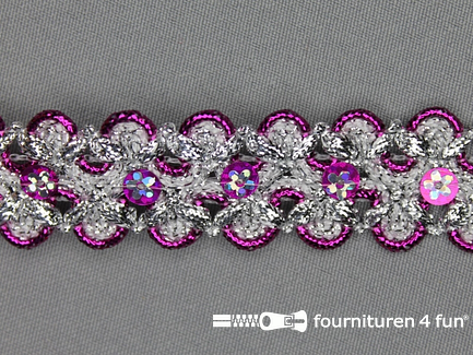 Pailletten band 28mm zilver - fuchsia roze