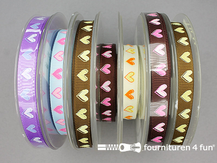 RESTPARTIJ Deco lint 10mm - circa 85 meter - verschillende kleuren hartjes lint