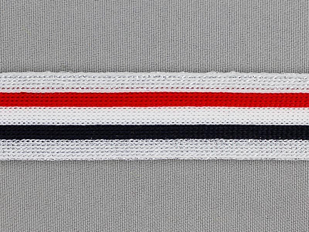 Gestreept band lurex 24mm rood - wit - zwart - zilver