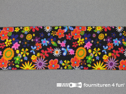 Elastiek met kleine bloemen 35mm multicolor zwart