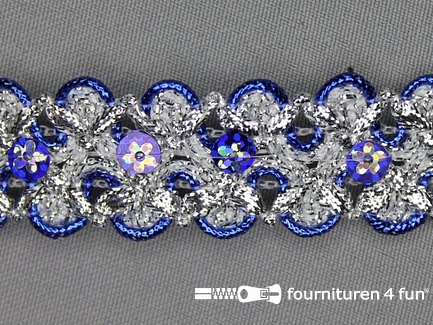 COUPON 10,85 meter (4 stukken, 2,15 + 2,55 + 2,55 + 3,6 meter) Pailletten band 30mm zilver - kobalt blauw