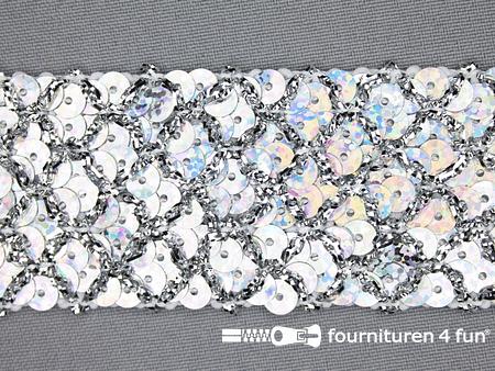 Pailletten band 40mm hologram zilver met ruitjes draad