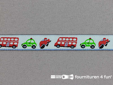 Kinderband 12mm bus - auto -  baby blauw rood groen