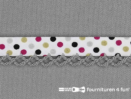 Deco biasband print 12mm met gekleurde stippen