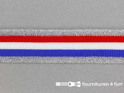 Gestreept band lurex 24mm rood-wit-blauw - zilver