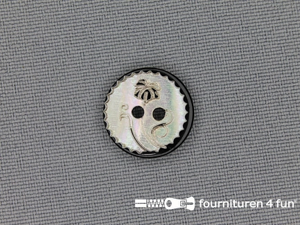 Parelmoer knoop 15mm floral wit - zwart