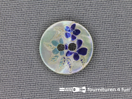 Parelmoer knoop 15mm bloemen blauw