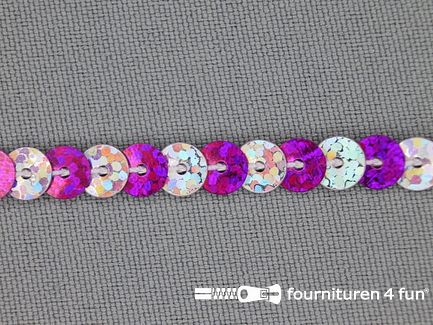 COUPON 25 meter Pailletten band 6mm hologram zilver - fuchsia roze