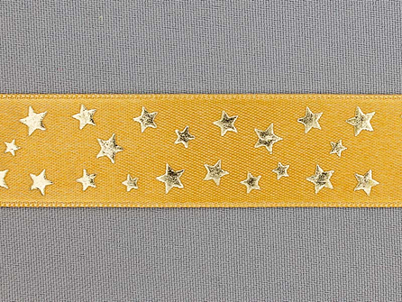Satijnen deco lint 24mm sterren oker geel - goud
