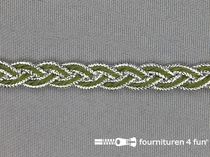 COUPON 3,55 meter (2 stukken, 1,8 + 1,75 meter) Gevlochten band 7mm olijf groen - zilver