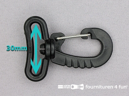 Kunststof musketon - metalen clip - 30mm zwart