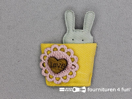 Quilt applicatie 35x42mm konijntje "Love" oker geel - grijs - lila