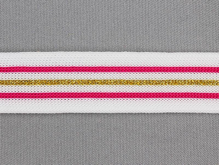 Gestreept band lurex 24mm wit - roze - goud