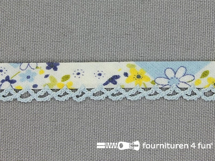 Deco biasband print 12mm bloemen baby blauw geel