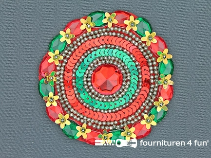 Broche 80-85mm rood - geel - groen - rode steen