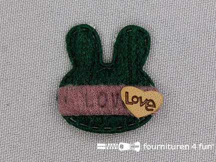 Decoratieve 3D applicatie - 30x30mm - konijntje "Love" - donker groen - lila