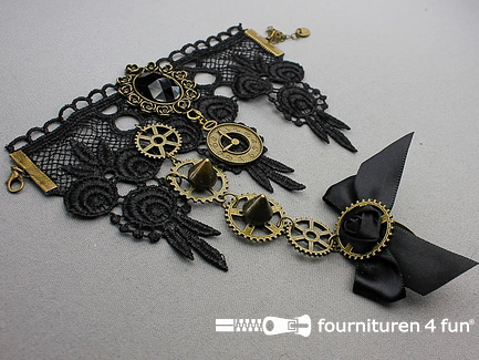 Steampunk armband met ring tandwielen brons - zwart