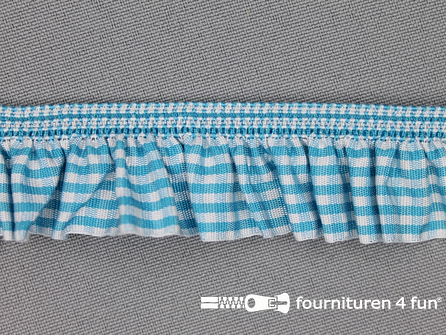 Elastisch ruche band 25mm ruitjes aqua blauw