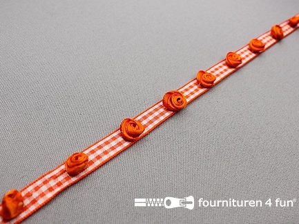 Ruitjes lint - 10mm - oranje - met roosjes