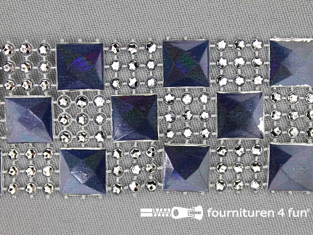 Strass band 35mm vierkantjes - rondjes petrol zwart - zilver