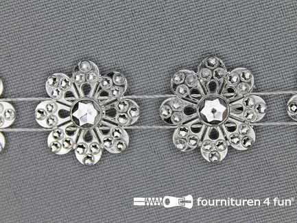 Strass band 20mm bloemen zilver
