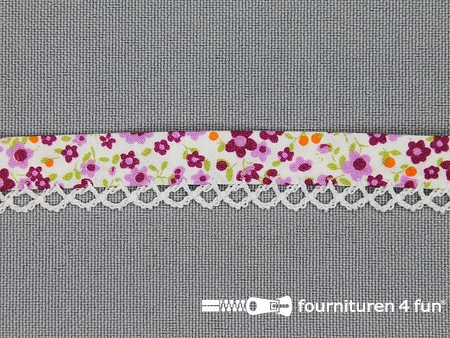 Deco biasband print 12mm bloemen wit