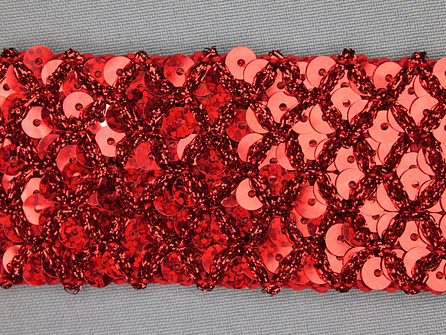 Pailletten band 40mm rood met ruitjes draad