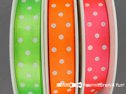 RESTANT totaal circa 59 meter Bolletjes lint 15mm - 3 neon kleuren