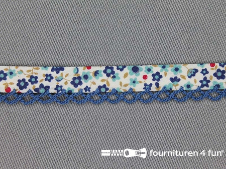 Deco biasband print 12mm bloemen kobalt blauw