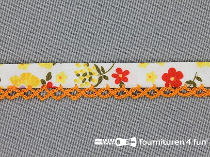Deco biasband print 12mm bloemen oranje