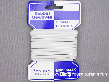 10 Kaarten van 5 meter dubbel geweven elastiek - 5mm - wit 