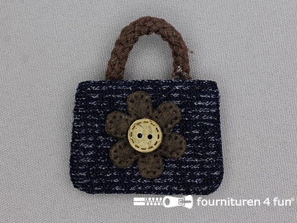 Decoratieve 3D applicatie - 50x55mm - tas met bloem - donker blauw - bruin