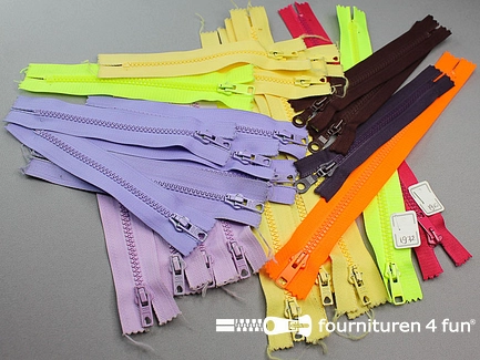 RESTPARTIJ 23 stuks niet deelbare bloktand ritsen - meerdere kleuren - 15cm + 25 cm