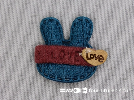 Decoratieve 3D applicatie - 30x30mm konijntje - "Love" - blauw - bordeaux