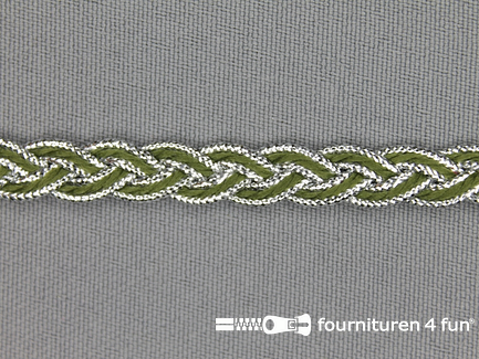 COUPON 3,55 meter (2 stukken, 1,8 + 1,75 meter) Gevlochten band 7mm olijf groen - zilver