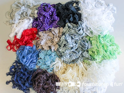 RESTPARTIJ ruche band - circa 75 meter - verschillende kleuren en afmetingen