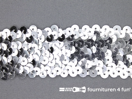 COUPON 6,5 meter (4 stukken, 1,9 + 1 + 2,1 + 1,5 meter) Elastische pailletten band 37mm zilver
