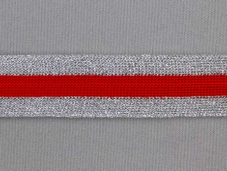 Gestreept band lurex 24mm zilver - rood