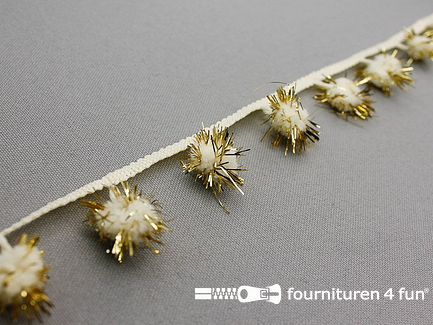 COUPON 5,6 meter Bolletjesband met lurex 25mm ecru - goud