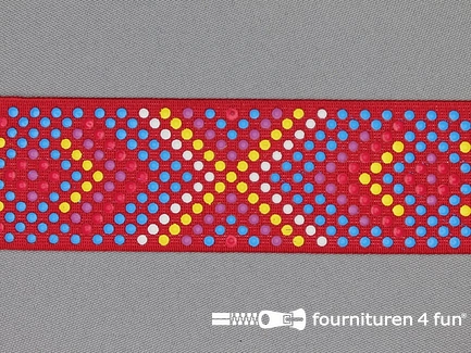 Elastiek met stippen - 40mm - rode band met multicolor stippen